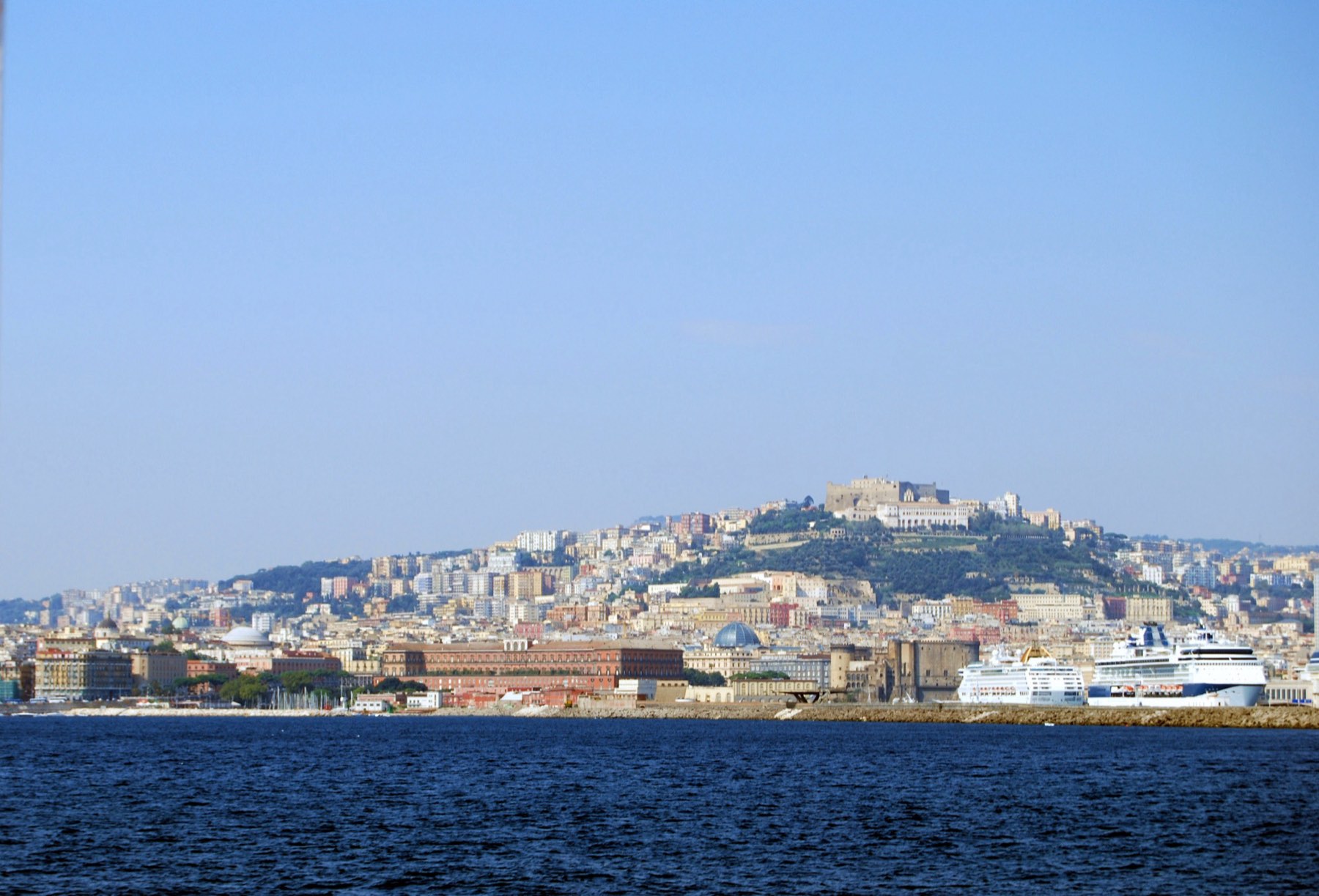 Naples seen from the sea, with Castel Sant'Elmo on the hill